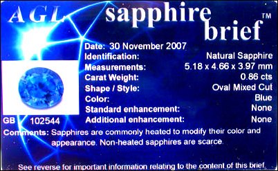 SAPPHIRE, BLUE, AGL CERTIFIED UNHEATED (Ceylon) -- .86 ct.  -- VIDEO